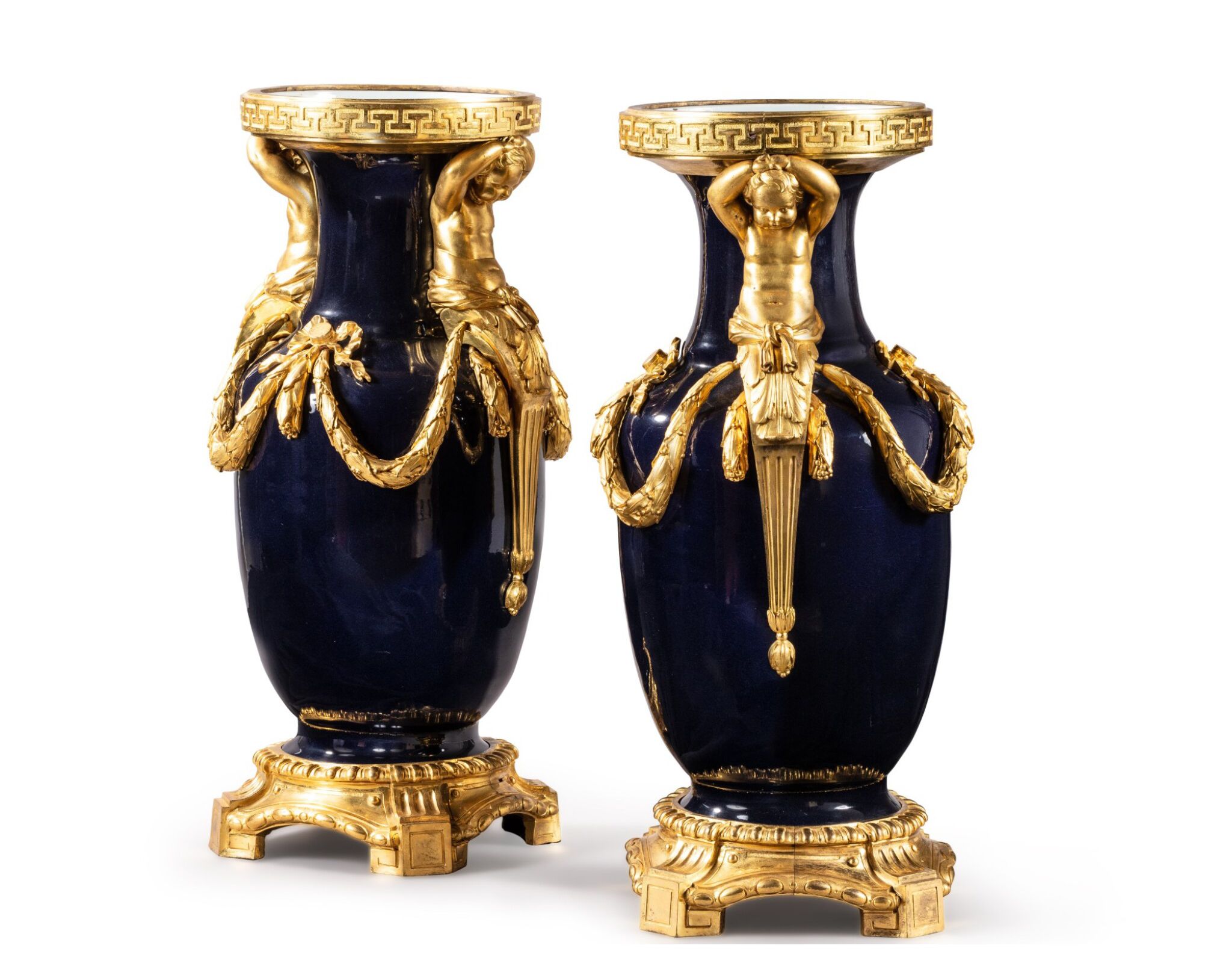 A Pair Of Gilt Bronze Mounted Chinese Blue Porcelain Vases The Porcelain Kangxi Period