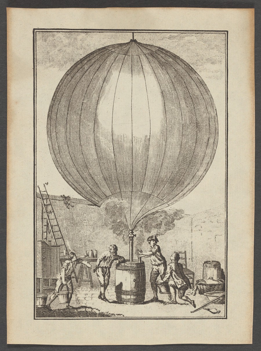 1783년 자크 샤를의 수소 기구를 채우는 장면. 제작자가 확정되지 않은 역사 판화. 국립항공우주박물관, 위키미디어 공용 경유. 퍼블릭 도메인.