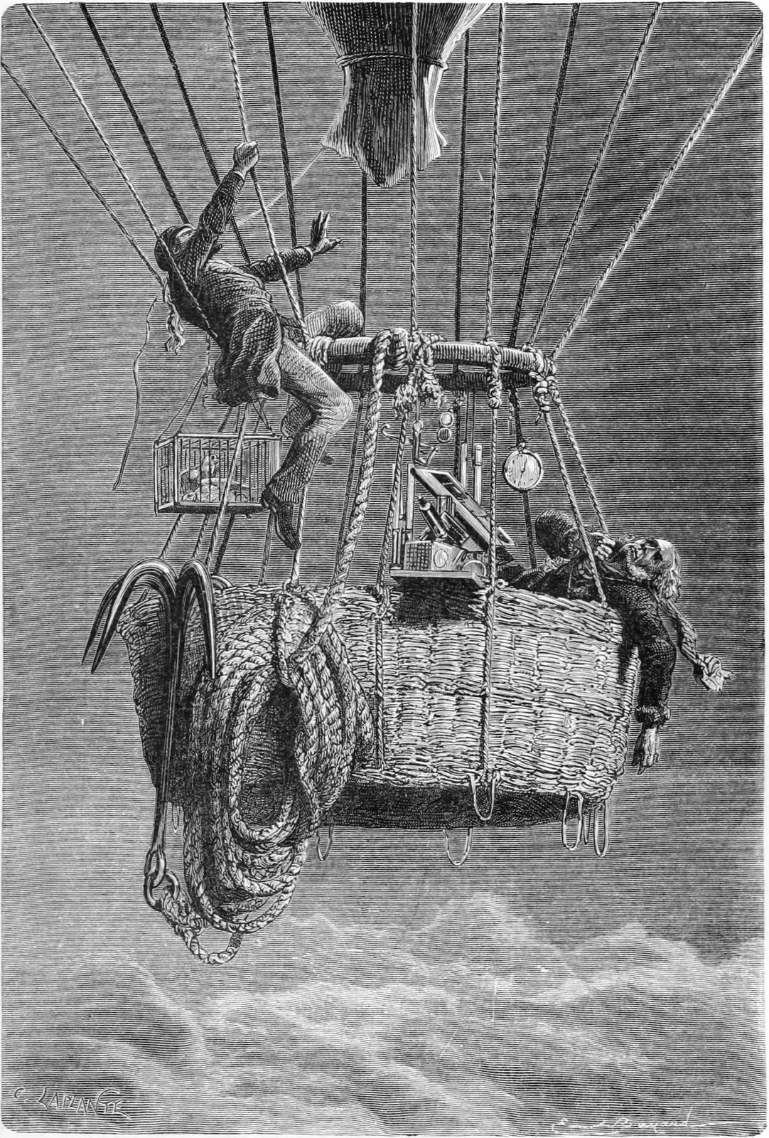 1862년 상승 중 의식을 잃은 글레이셔의 삽화. 1871년 Travels in the Air에 수록. 퍼블릭 도메인. 원래 설명의 7마일 고도는 추정치다.