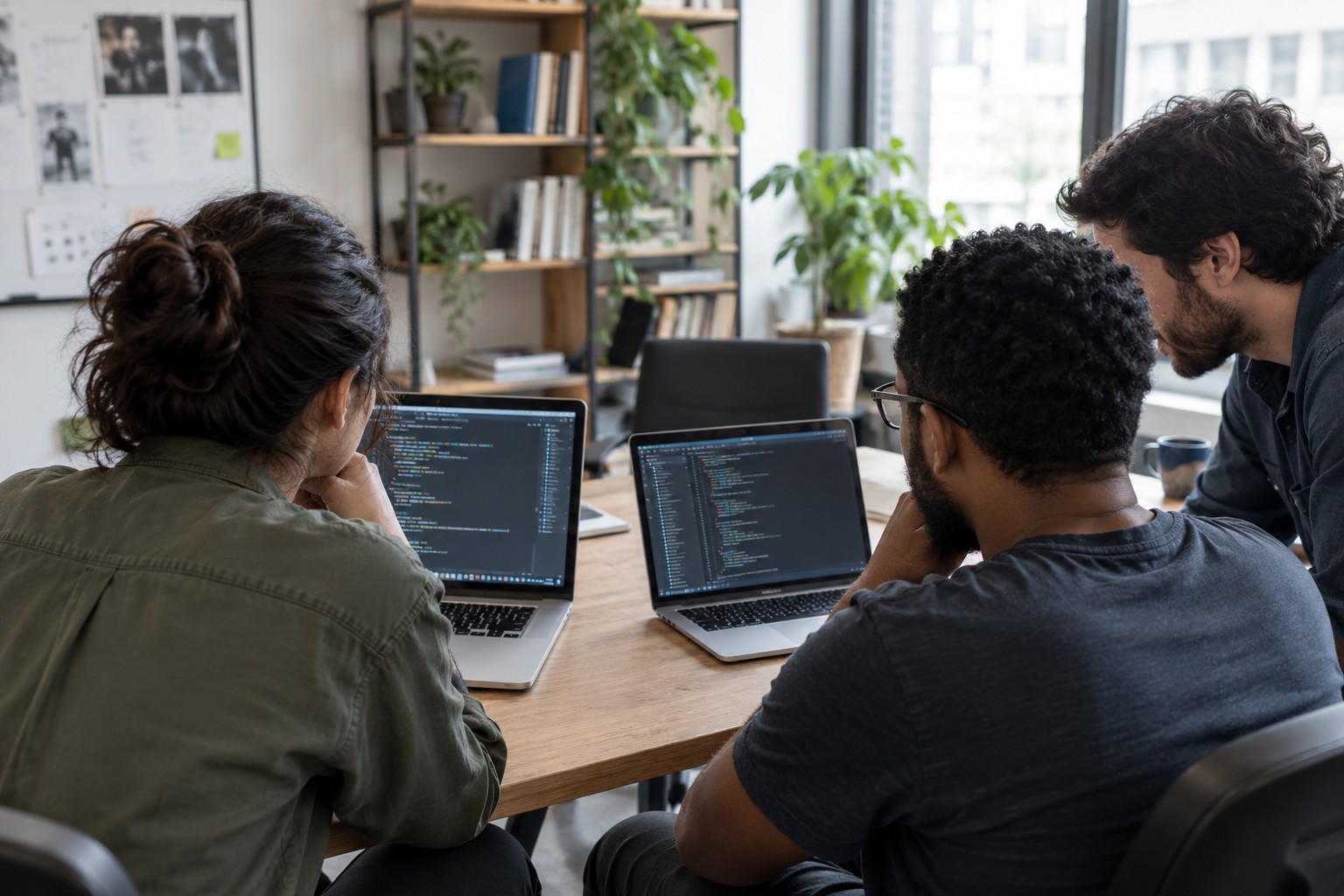Fictional developers working together on software. AI-generated illustration; this is not a meeting of Bitcoin's founders.