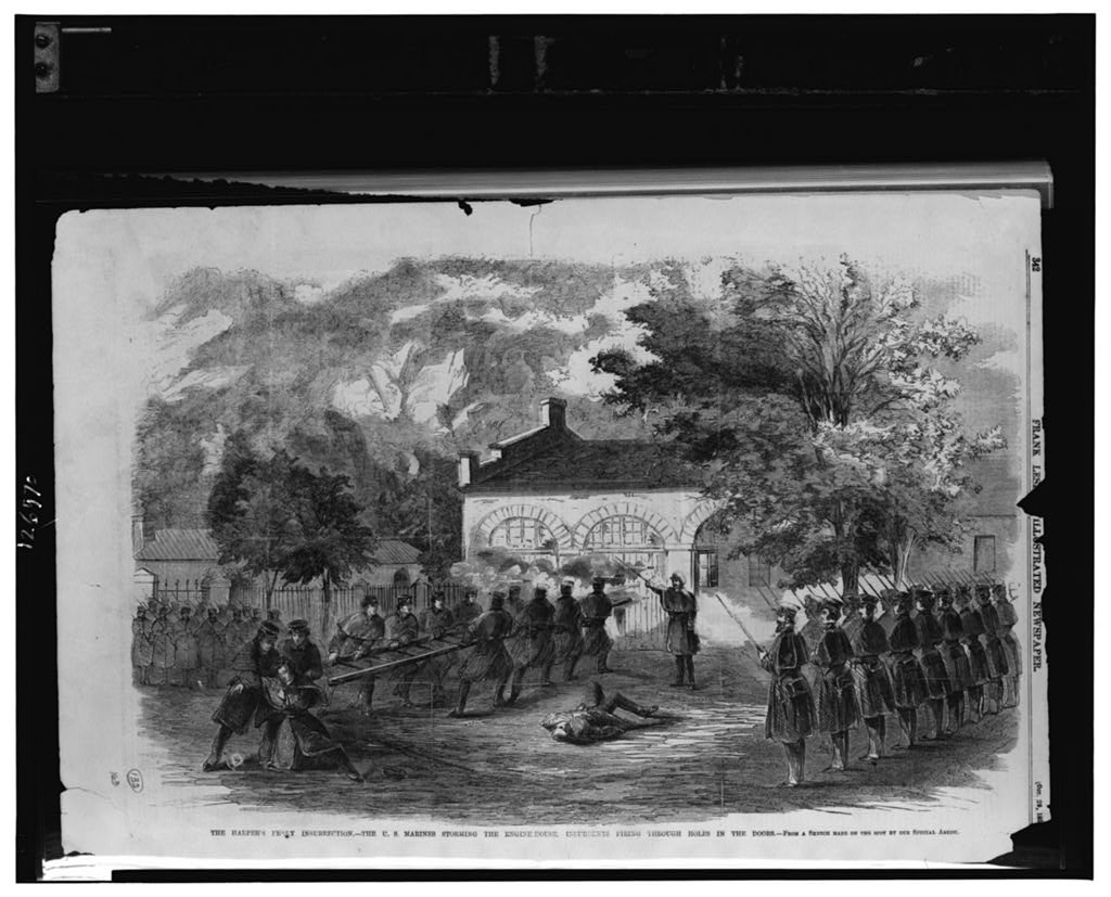海军陆战队攻入机房。木刻版画,Frank Leslie’s Illustrated Newspaper,1859年10月29日。美国国会图书馆。公有领域。