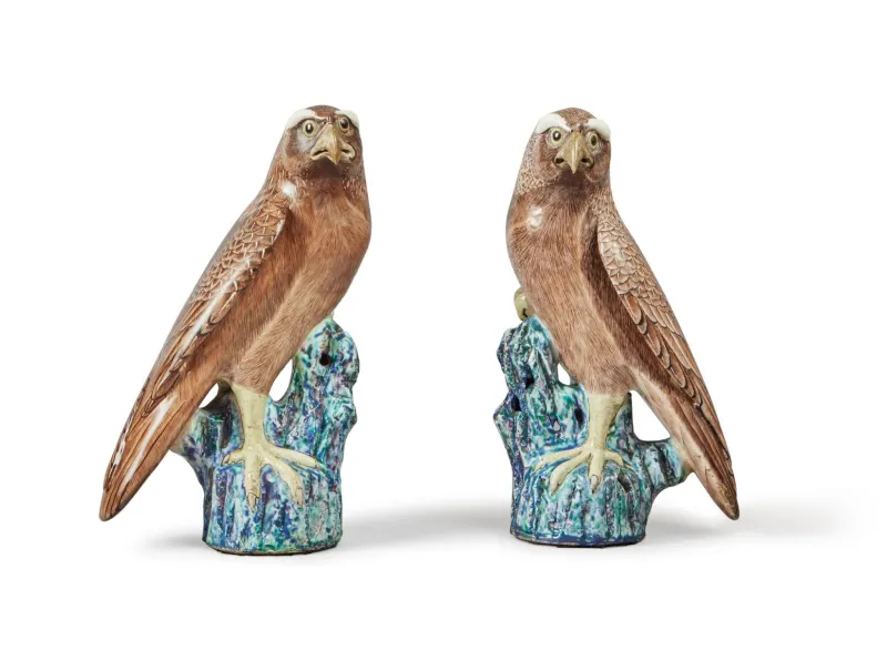 A Rare Pair Of Chinese Export Figures Of Hawks Qing Dynasty, Qianlong Period