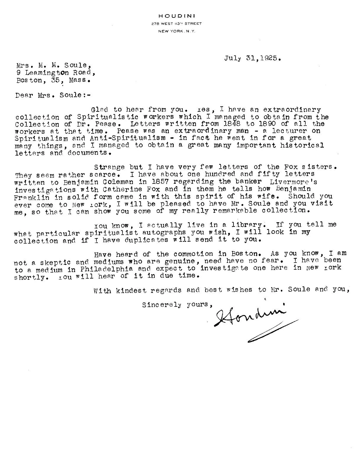 Houdini’s letter to Mrs M. M. Soule, 31 July 1925. Library of Congress, Rare Book and Special Collections Division. Public domain.