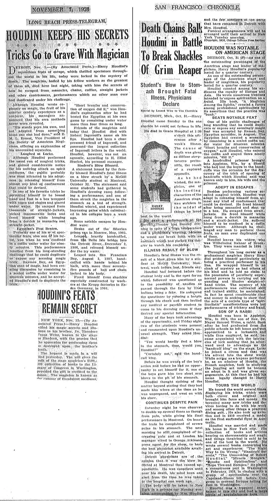 Newspaper clippings reporting Houdini’s death, 1926. Library of Congress, McManus-Young Collection. Public domain.