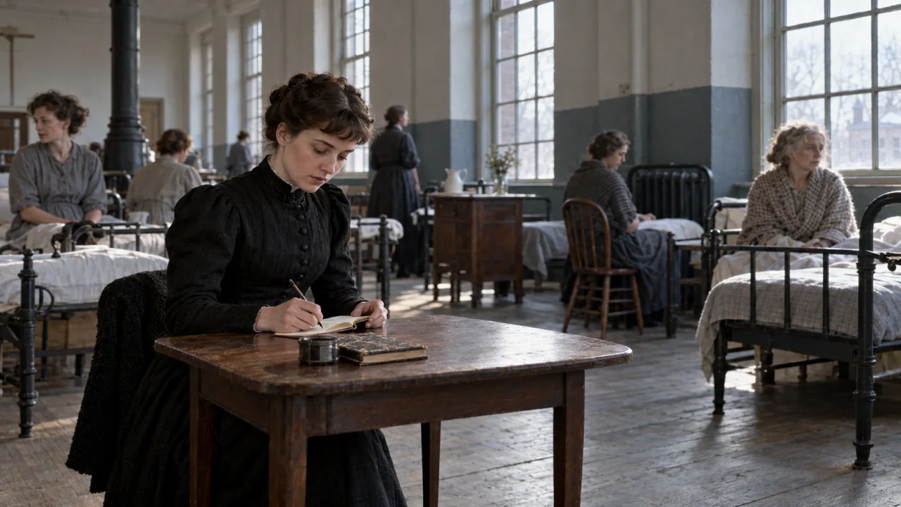 AI-generated historical reconstruction of Nellie Bly reporting at Blackwell’s Island in 1887; not an archival photograph.