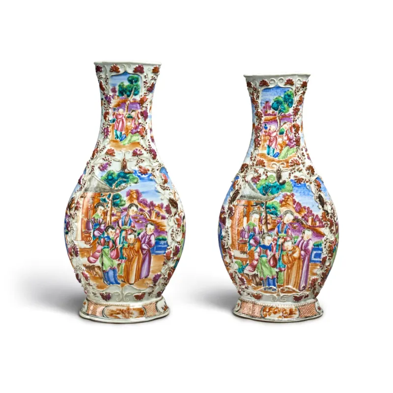 Two Chinese Export Famille Rose Mandarin Palette Vases Qing Dynasty Qianlong Period Circa