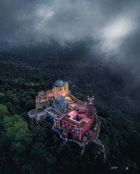 Aerial view of the colorful Pena Palace in Sintra